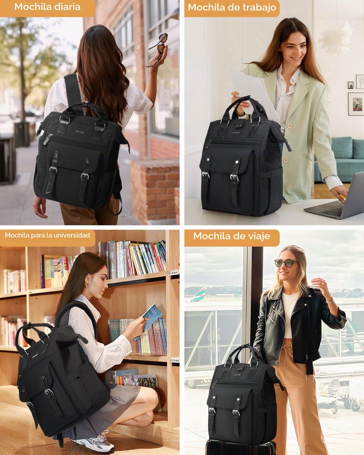 LOVEVOOK Mochila grande para mujer de 18 pulgadas con bolsa de cable | de datos y puerto de carga USB, impermeable, para oficina, negocios, viajes, color negro