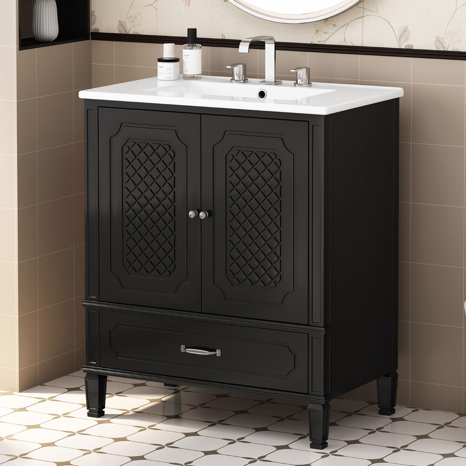 Bathroom Vanity with Sink, Vintage Style 30" Small Bathroom Sink Cabinet with 2 Soft-Closing Doors,1 Drawer, (Black 1 Drawer)