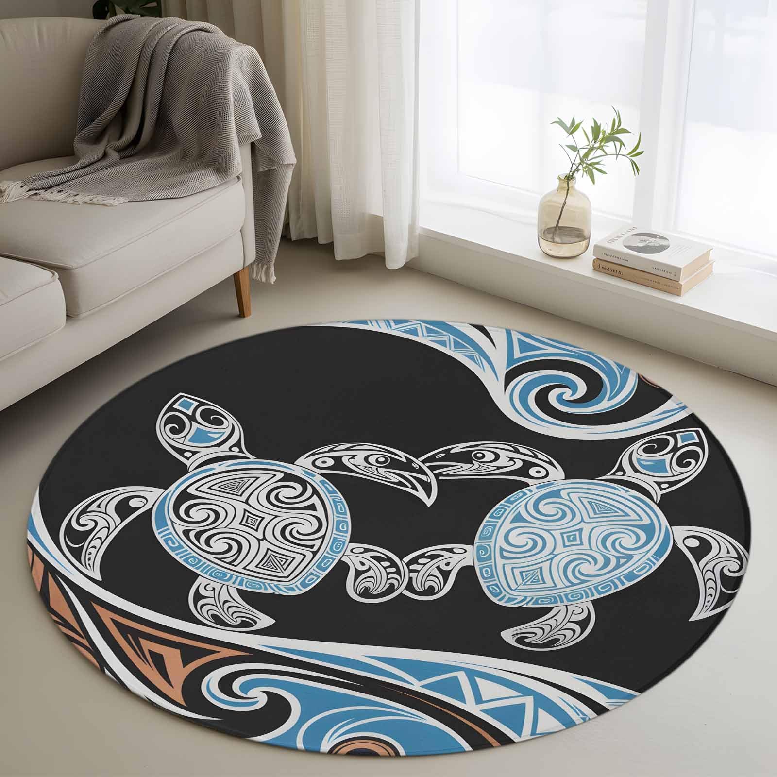 Round Rugs 4ft, Polynesia Texture Non Slip Washable Rug Runner, Vintage Traditional Tribe Sea Turtle Abstract Low Pile Indoor Floor Carpet Mat Bathroom Rugs for Living Room, Bedroom, Kids Room