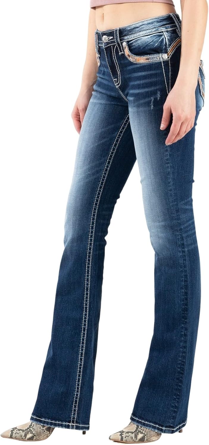 Miss Me Women's Mid Rise Autum Leaf Border Bootcut Jeans with Faux Flap Pockets