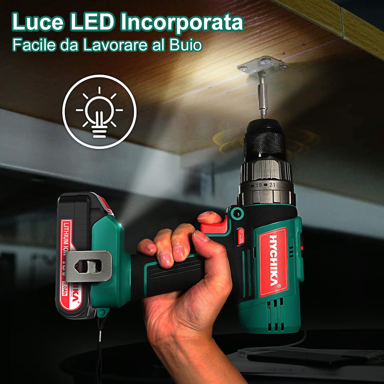 HYCHIKA Trapano Avvitatore Batteria 18V, Trapano a percussione 45 Nm, Batteria 2,0 Ah, 27 accessori, Ricarica rapida 1 ora, Coppia 21+3, 2 velocità, con illuminazione LED, per riparazioni domestiche
