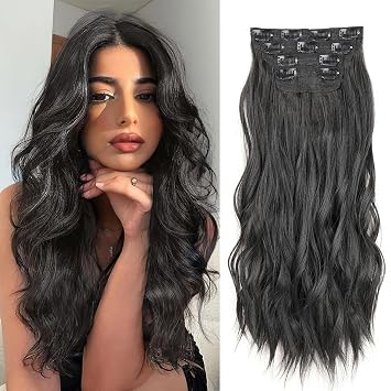 16 Inch Wavy Black Clip in Hair Extensions - 4PCS Full Head Set Thick Curly Synthetic Hair Pieces for Women Girls 1B#