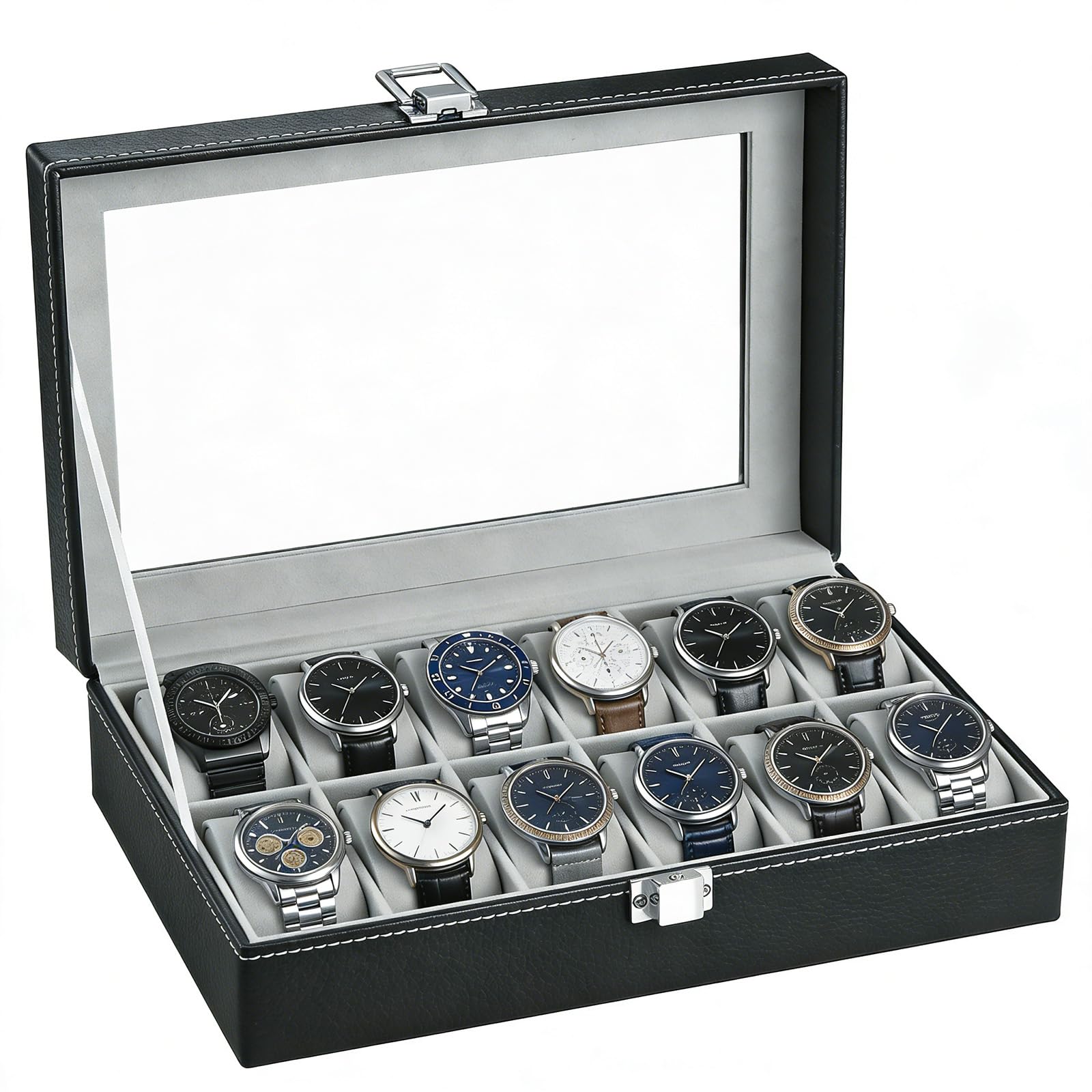 Caja para Relojes con 12 Compartimentos, Cristal y Cojín Extraíble