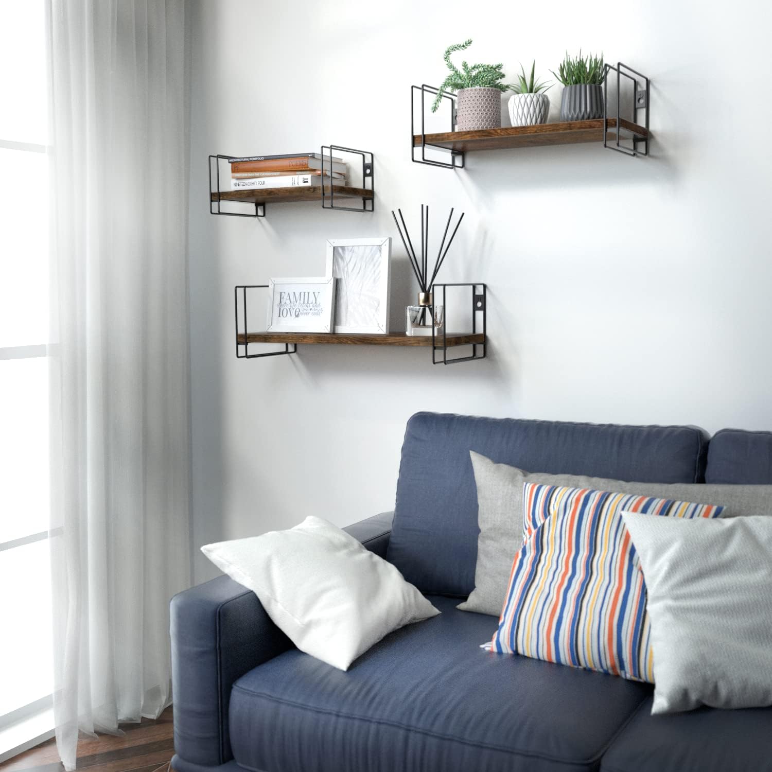 J JACKCUBE DESIGN Torched Wood Floating Shelves, Set of 3 Wall Mounted Hanging Shelves with Black Wire Frames for Bedroom. Living Room, Kitchen, Bathroom and Office - MK696B