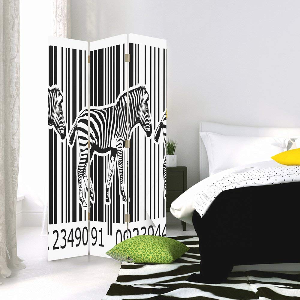 Paravent zèbre Cloison séparation 3 pans Noir et Blanc 110x180 cm