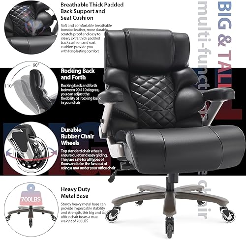 Miniatura 4 de Silla de oficina grande y alta de 700 libras, soporte lumbar ajustable, base de metal resistente, ruedas de goma silenciosas, respaldo alto, silla