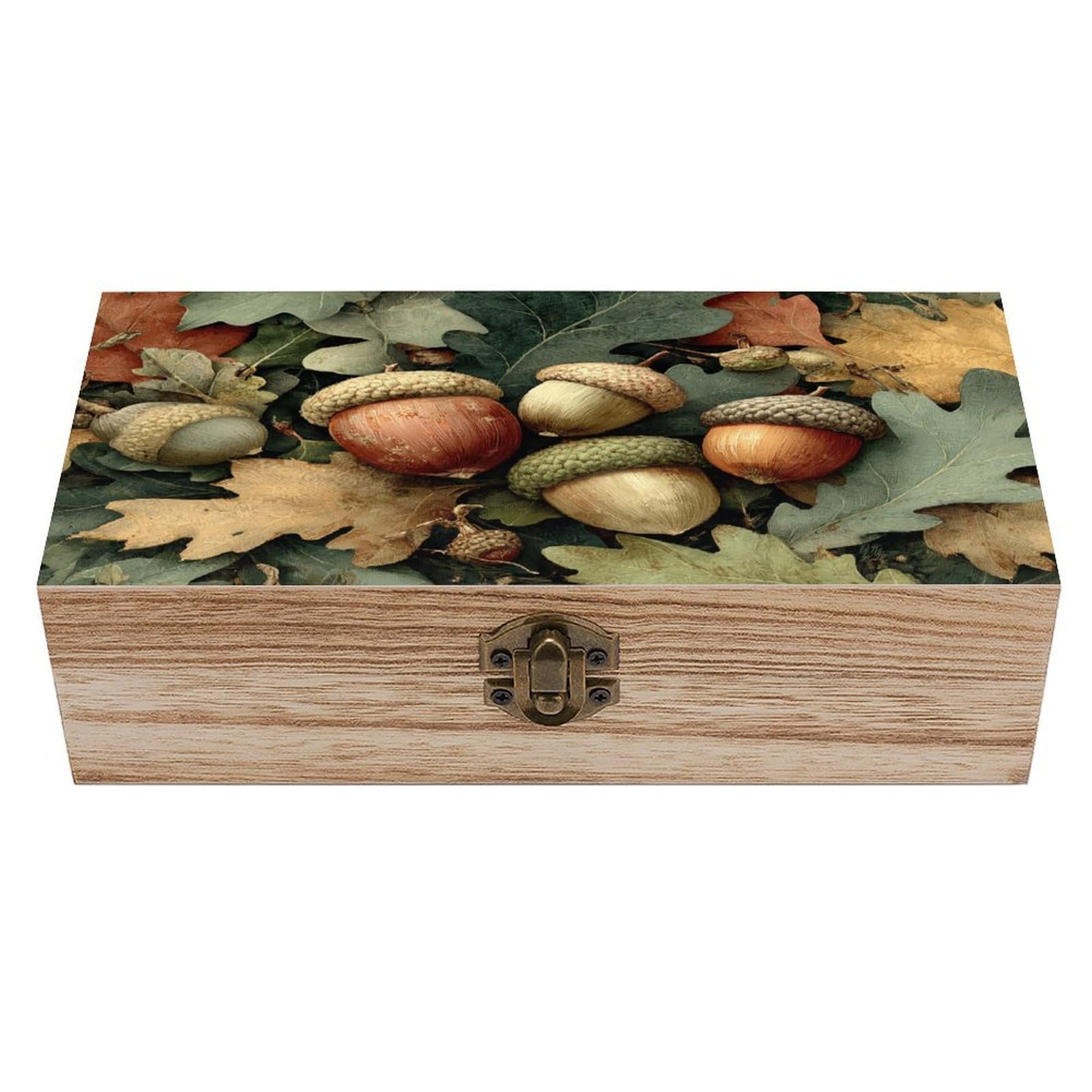 Ahdyr Acorns And Oak Leaves Wooden Storage Box with Hinged Lid And Front Clasp Large Keepsake Box