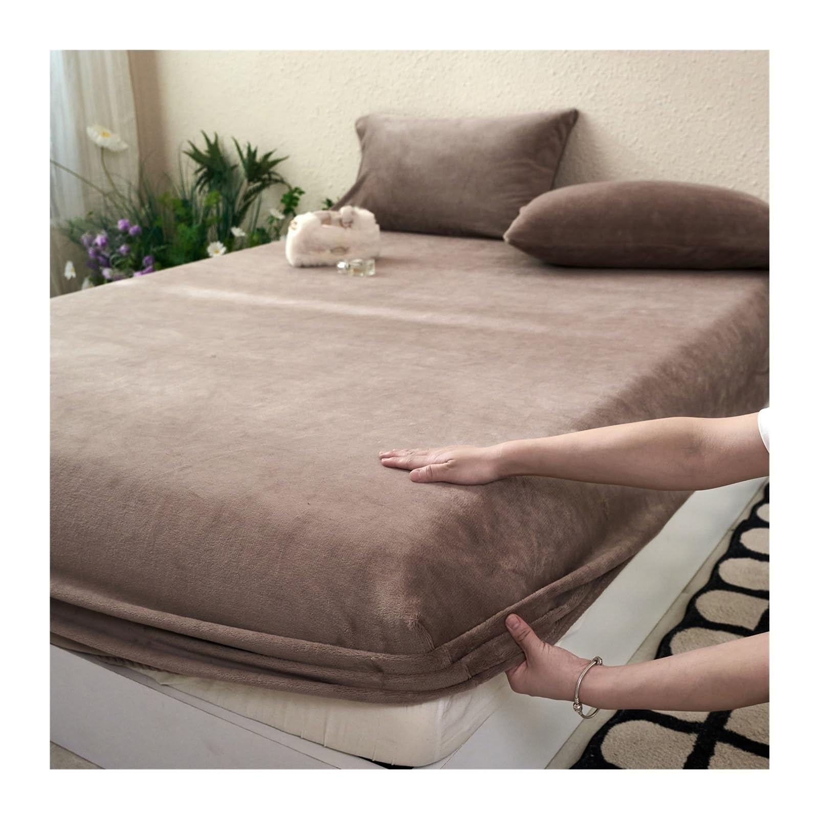 Sábana Bajera Ajustable de Franela Cama 120/150/180x200cm Funda de colchón de Terciopelo Suave y Pesado(Brown,180x200+25cm)