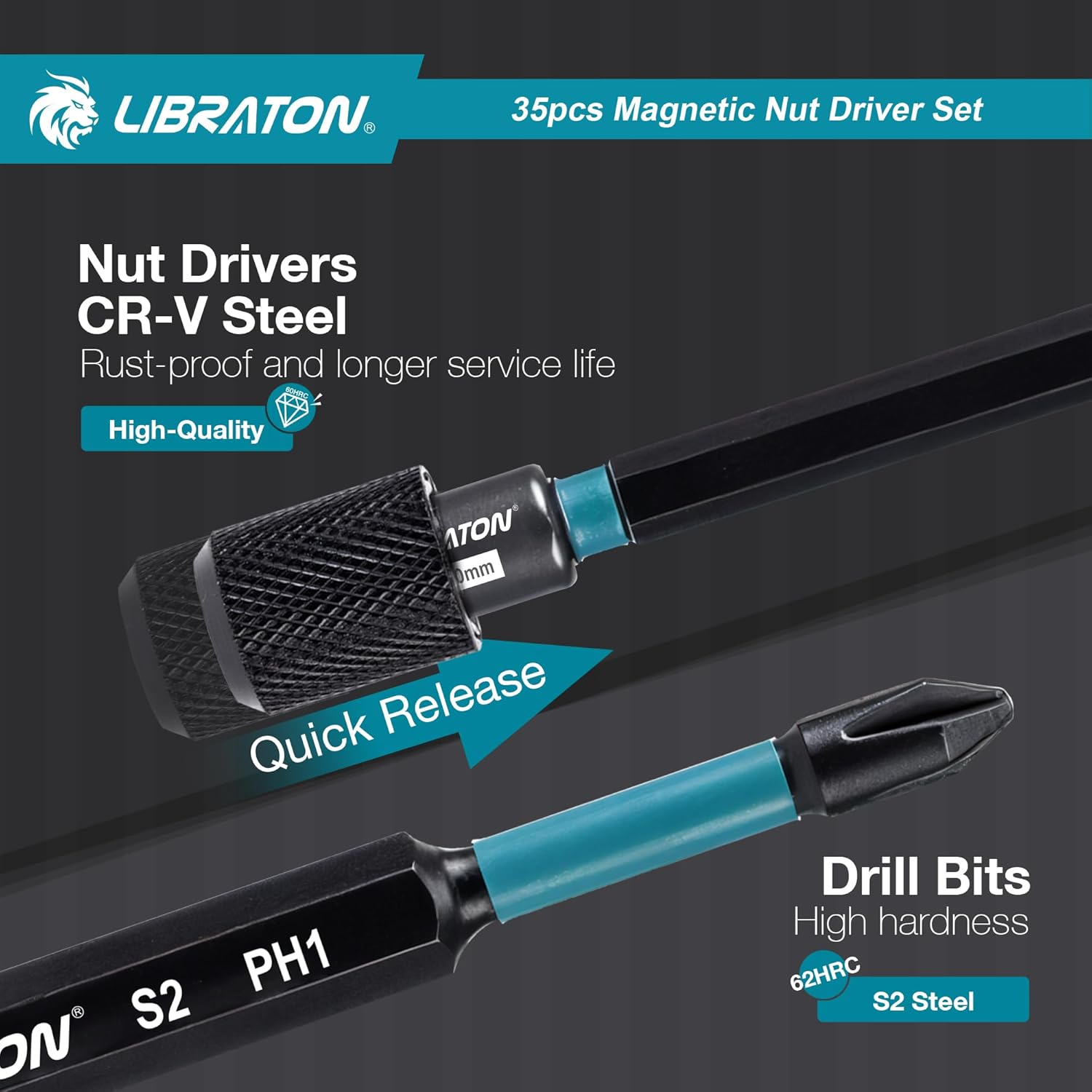 LIBRATON Magnetic Nut Driver Set, 35PCs Impact Driver Bit Set, Deep Nut Driver Set, Metric & SAE Nut Driver for Impact Drill, Wing Nut Driver, Quick-release Bit Holder, Drill Bit PH1 PH2, with Toolbox