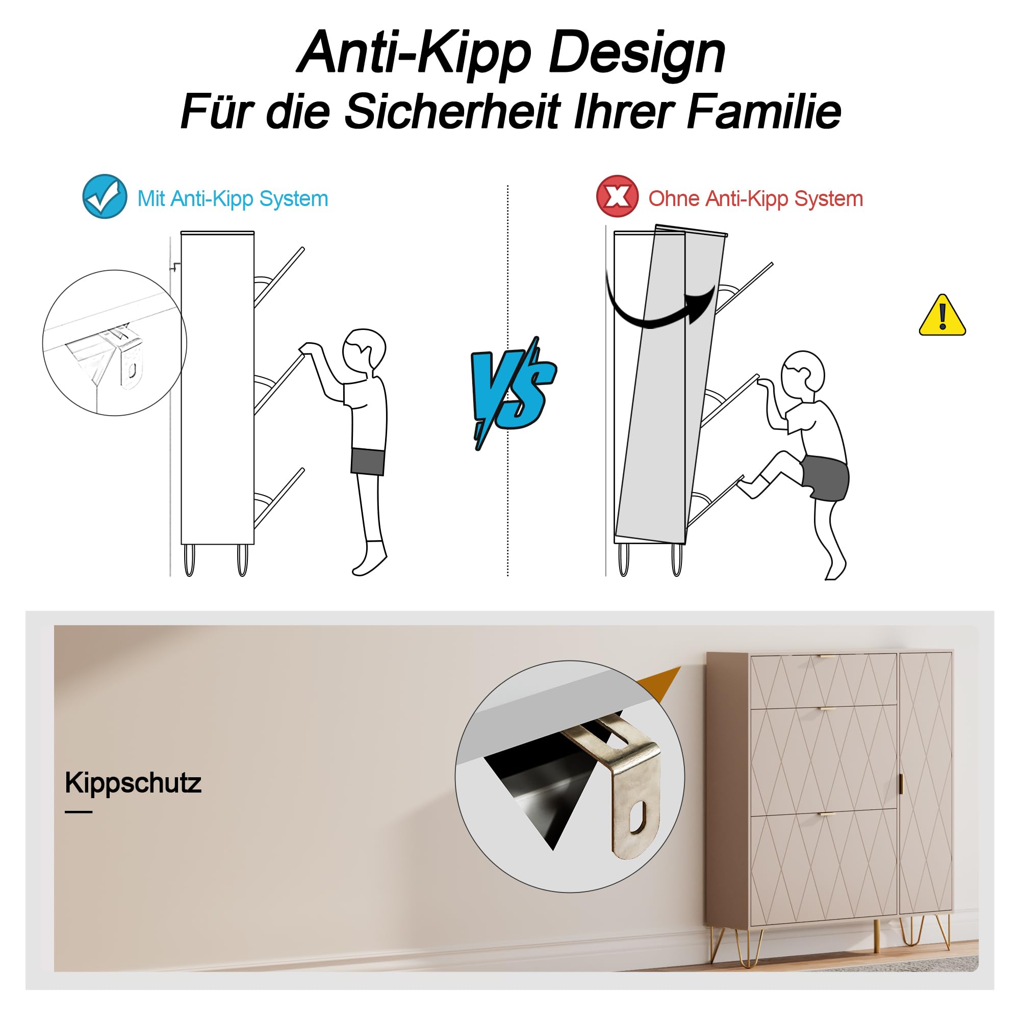 UEV Schuhschrank mit 2 Klappen und 2 Türen, 105x24x120cm, mit Kippschutz/Trennwand verstellbar, Schuhkommode, Schuhkipper schmal, Schrank Flur platzsparend Moka