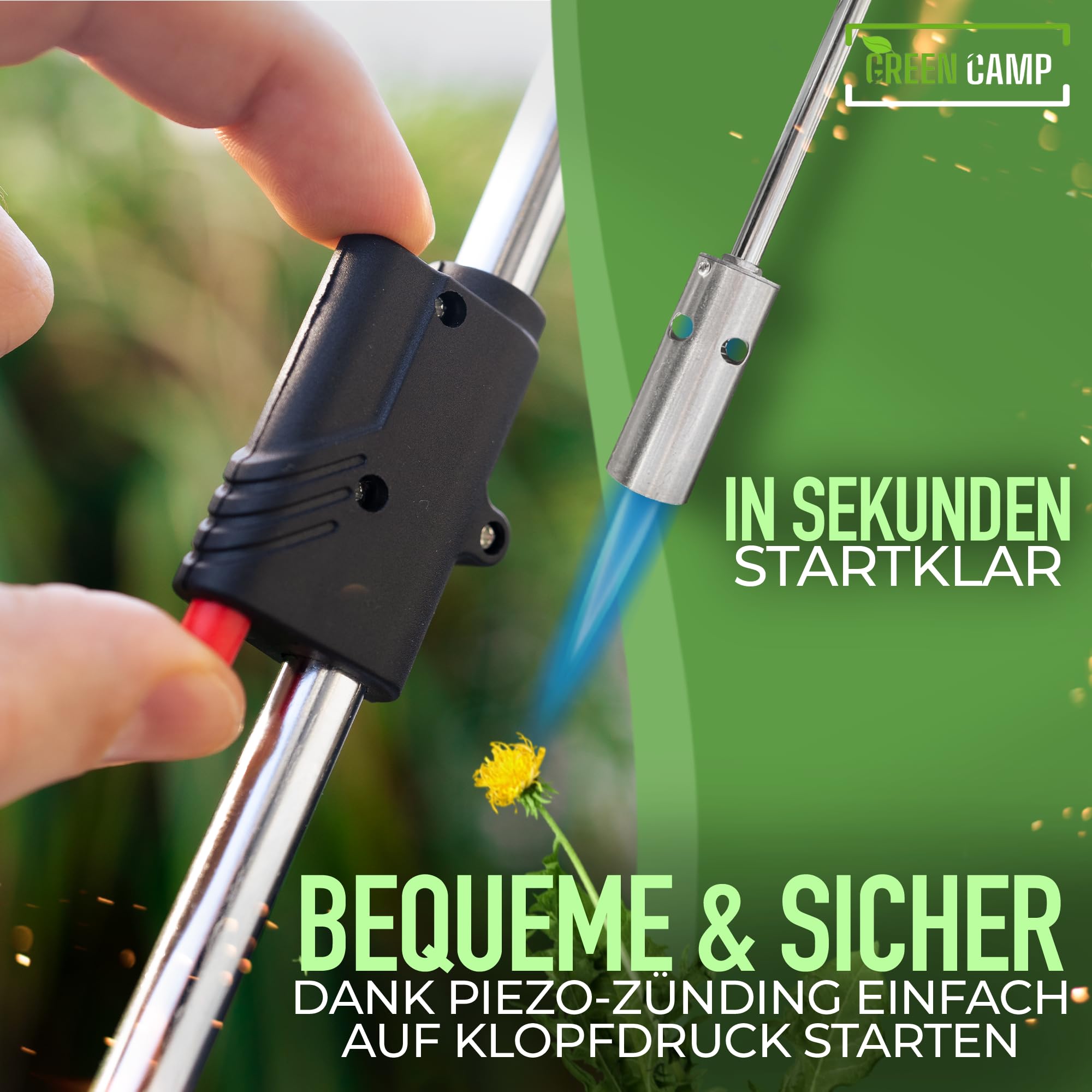 GREENCAMP® Unkrautbrenner [1100°] mit Piezozündung – Abflammgerät zur effektiven Unkrautbekämpfung – ergonomischer Unkrautvernichter mit regulierbarer Flamme – inkl. 12 Gaskartuschen (12 Kartuschen)