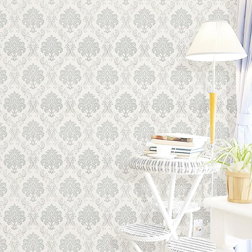 White Silver Damask Wallpaper Peel and Stick Wall Paper Decorative Self Adhesive Shelf Drawer Liner Roll 17.7 Inch x 32.8 FT