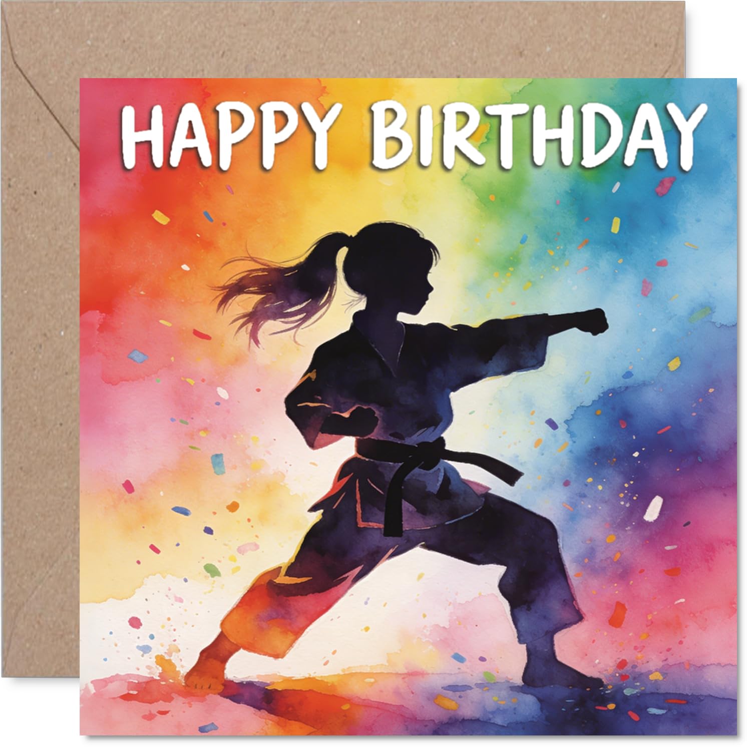 Playful Birthday Card - Kick-start the Birthday Fun - Martial Artist Silhouette on a Vibrant Rainbow Burst - 145mm Square, Envelope Included