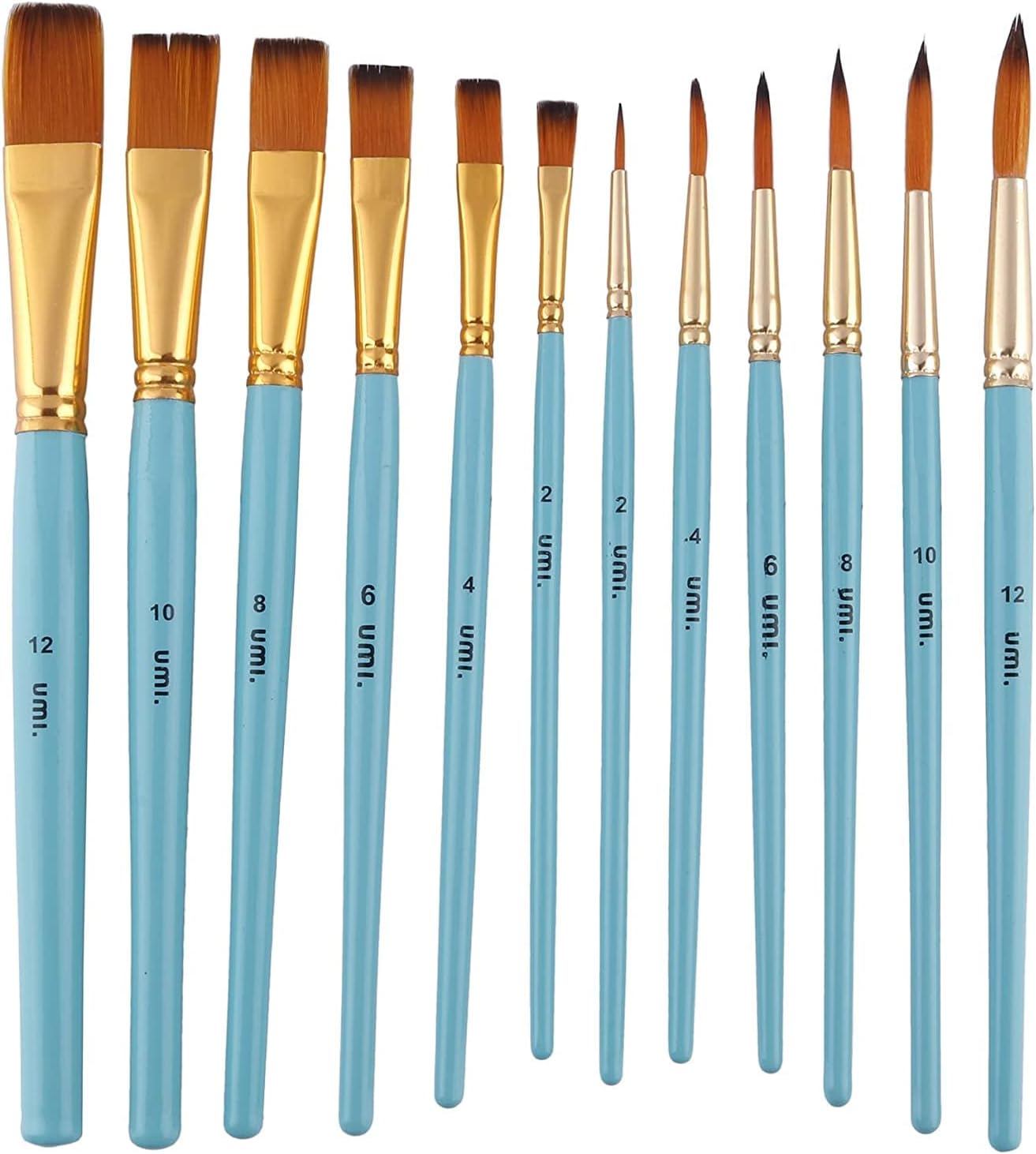 Amazon Brand – Umi 12 Pc Mix Round and Flat Synthetic Hair Brush Set for Acrylic and Watercolor Painting