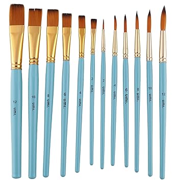 Amazon Brand a Umi 12 Pc Mix Round and Flat Synthetic Hair Mix Brush Set for Acrylic, Watercolor and Gouache Painting(Wood)