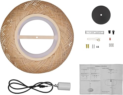 Miniatura 6 de Flhonudi Lámpara colgante de bambú de 16 pulgadas, 1 luz tejida a mano, lámpara de techo colgante de mimbre de ratán para dormitorio, isla de cocina