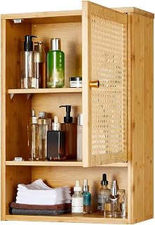 Bathroom Wall Cabinet, Bamboo Medicine Cabinet with Rattan Doors, Adjustable Shelf, Wall Mounted Storage Cabinet for Bathroom, Kitchen, Laundry Room Natural