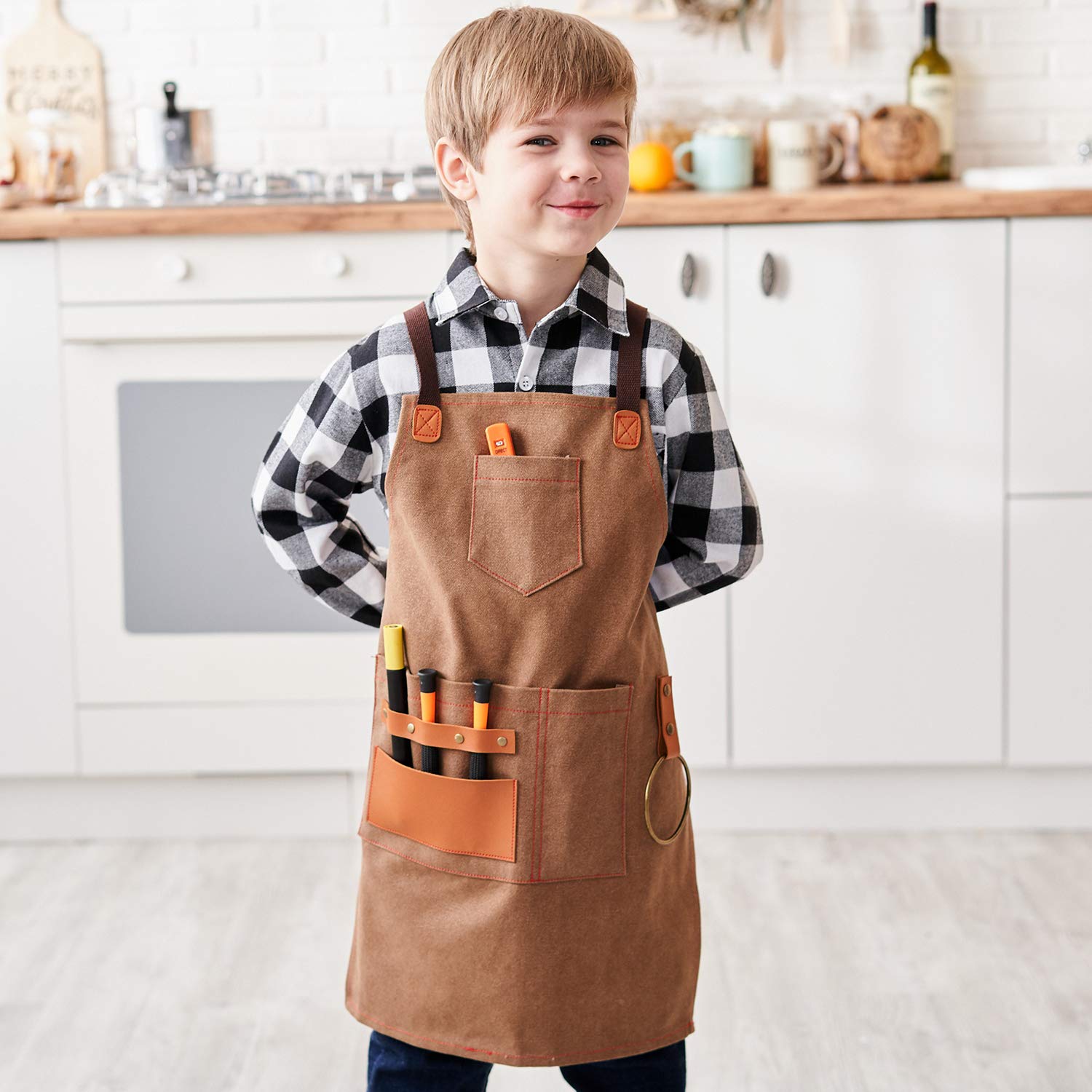NEOVIVA Tablier de travail avec poches, tabliers de travail du bois pour enfants, tablier d'outils en toile réglable M à XXXL avec dos croisé pour barbier, cuisine, jardin, poterie, garage, atelier