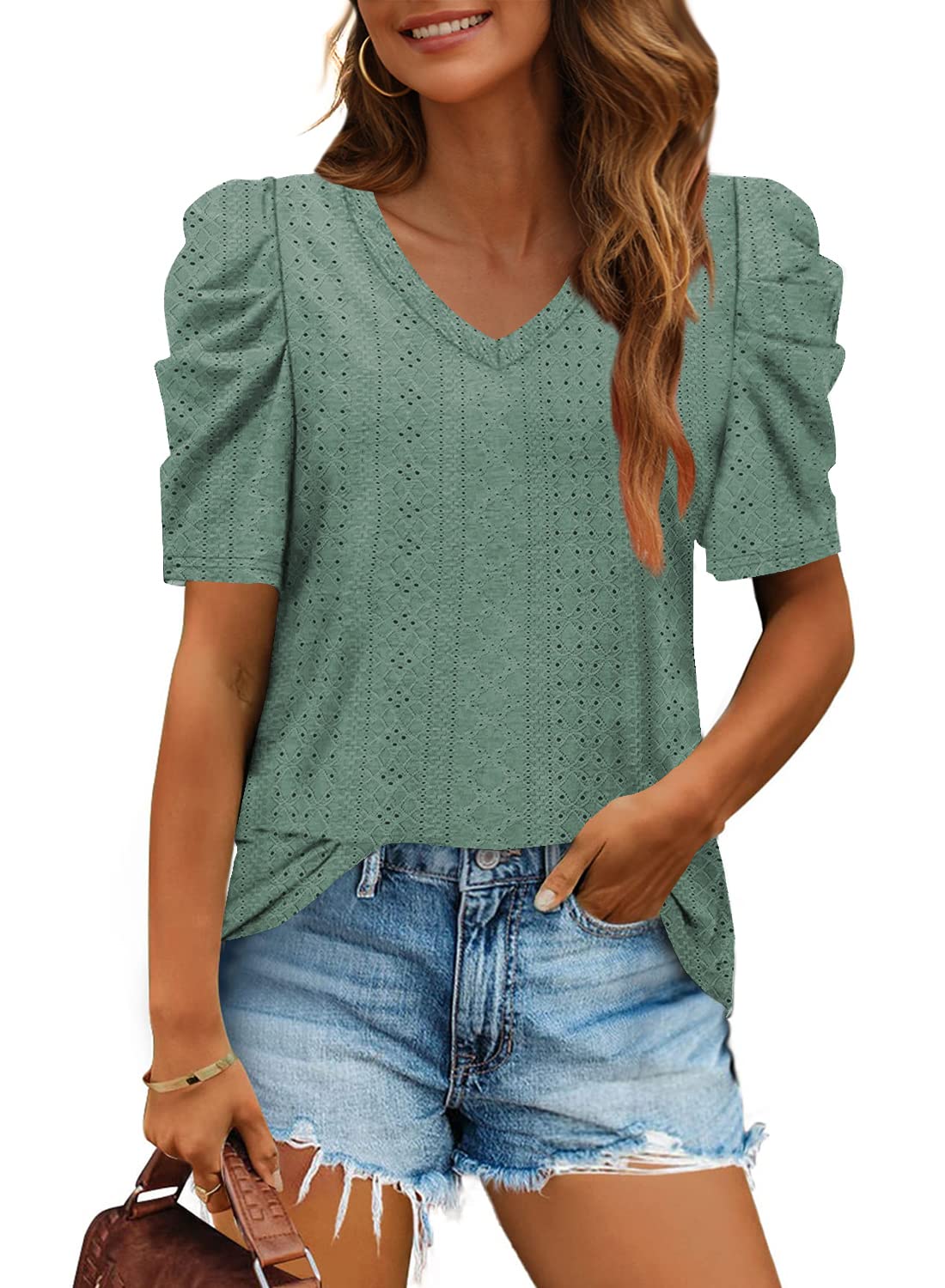 Eyelet V-Neck Short Sleeve T-Shirt