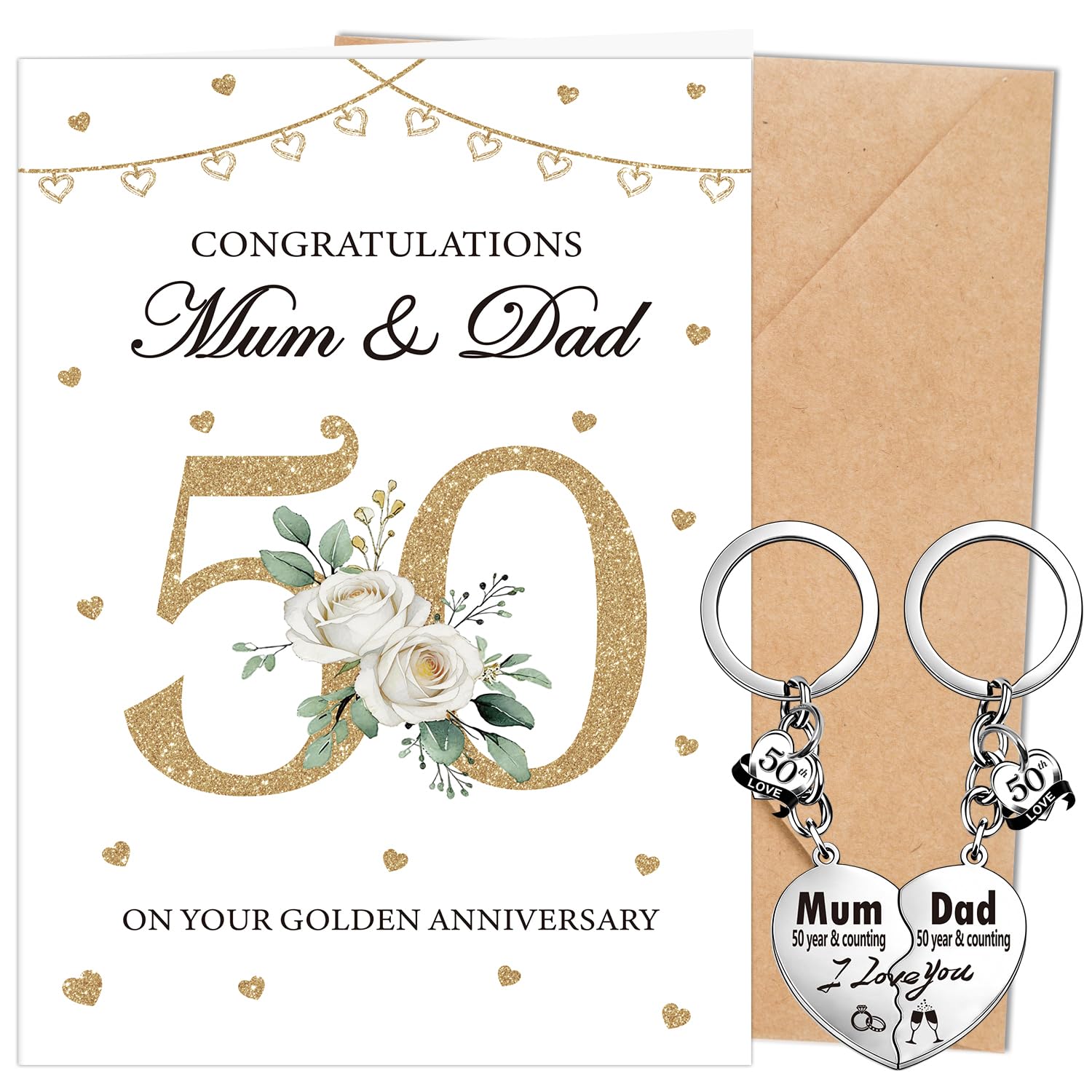 Luvart 50th Wedding Anniversary Card Gift - Golden Wedding Anniversary Greeting Card with Keychain Celebrating 50 Years Marriage Gifts for Parents Mum & Dad Him Her Spouse Couples