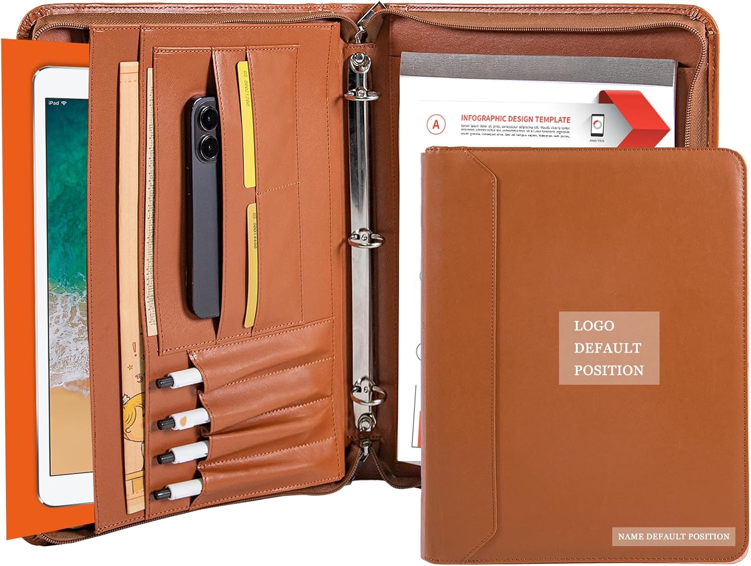 AZXCG Free Engraved Name, Padfolio PU Leather 3 Rings, Business Portfolio with A4 Writing Pad, Corporate Gift, Brown, Custom Now Custom