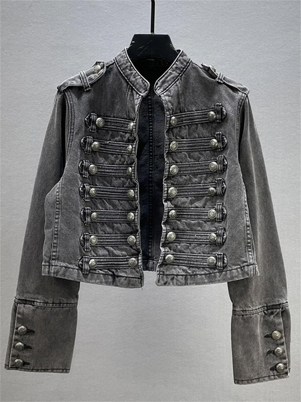 Women Vintage Double Breasted Button Short Denim Coat Stand Long Sleeve Patchwork Jackets