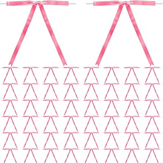50 Pcs Hot Pink Twist Tie Bows, Long Satin Twist Tie Bows for Treat Bag Satin Ribbon Tie Bows for Tying Up Packages Present Bags Bakery Candy Bags Decorating Ribbon Bow (Pink)