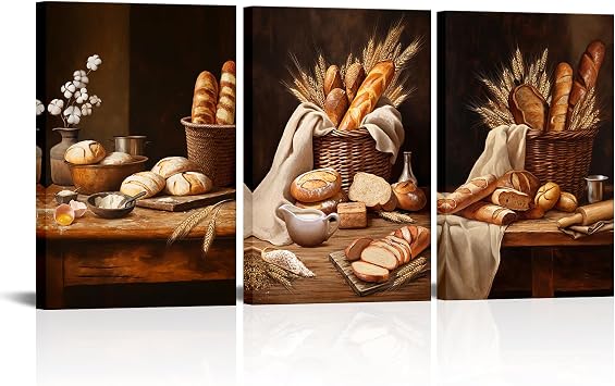 iHAPPYWALL 3 Pieces Kitchen Food Canvas Wall Art Rustic Bread Still Life Picture Artwork for Bakery Dining Room Farmhouse Decor Ready to Hang 16x24inchx3pcs Dark Brown