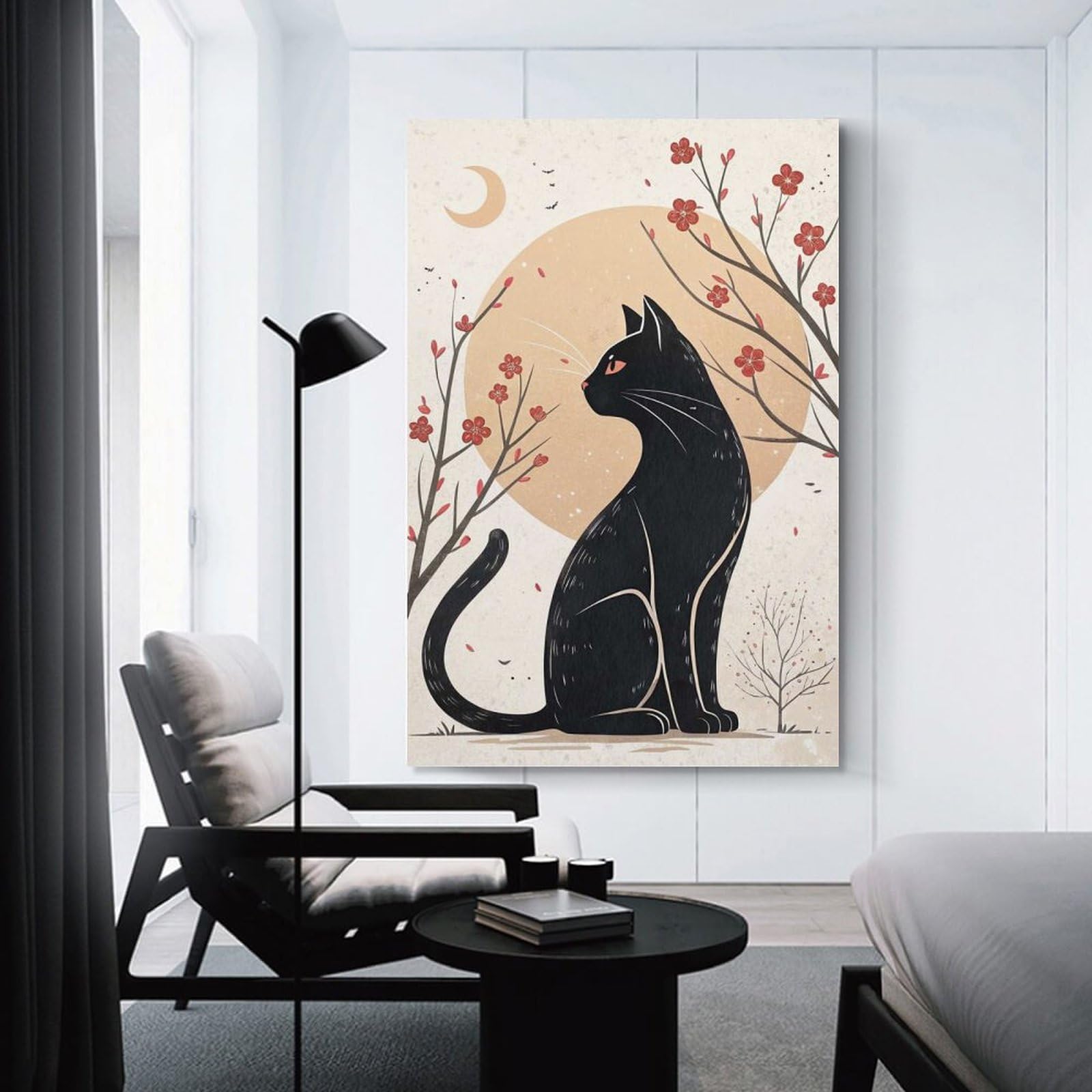 Junmoney Black Cat with Cherry Blossoms Hanging Wall Art 24x36inch(60x90cm), for New Homes, Bedrooms Or Workspaces, Thoughtful Wall Decor for Art Lovers