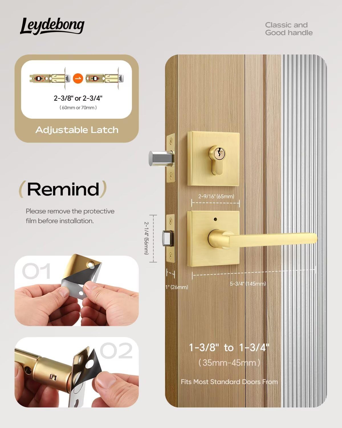 Leydebong 1 Pack Gold Door Handle Set with Single Cylinder Deadbolt, Entry Door Locksets with Deadbolt Modern Contemporary Square Design in Zinc Alloy
