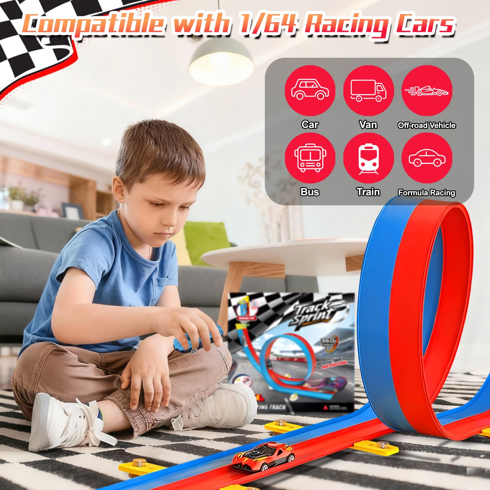KISPATTI Car Track 5M, Double Lane Flexible Toy Car Speed Race Track Includes 6 Cars & Storage Bag - Image 3