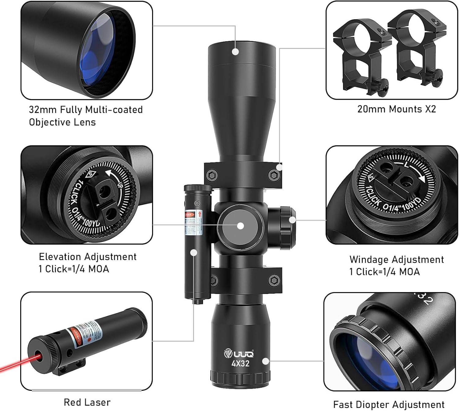 UUQ Tactical 4X32 Compact .223 .308 Scope Rangefinder Reticle/w 20mm Picatiny or 11mm Dovetail Ring Mounts