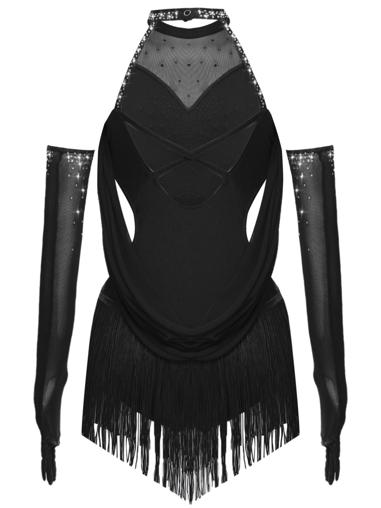 ranrann Fille Robe de Patinage Artistique avec Gants Strass Ensemble Danse sur Glace Justaucorps Robe à Franges Compétition Spectacle