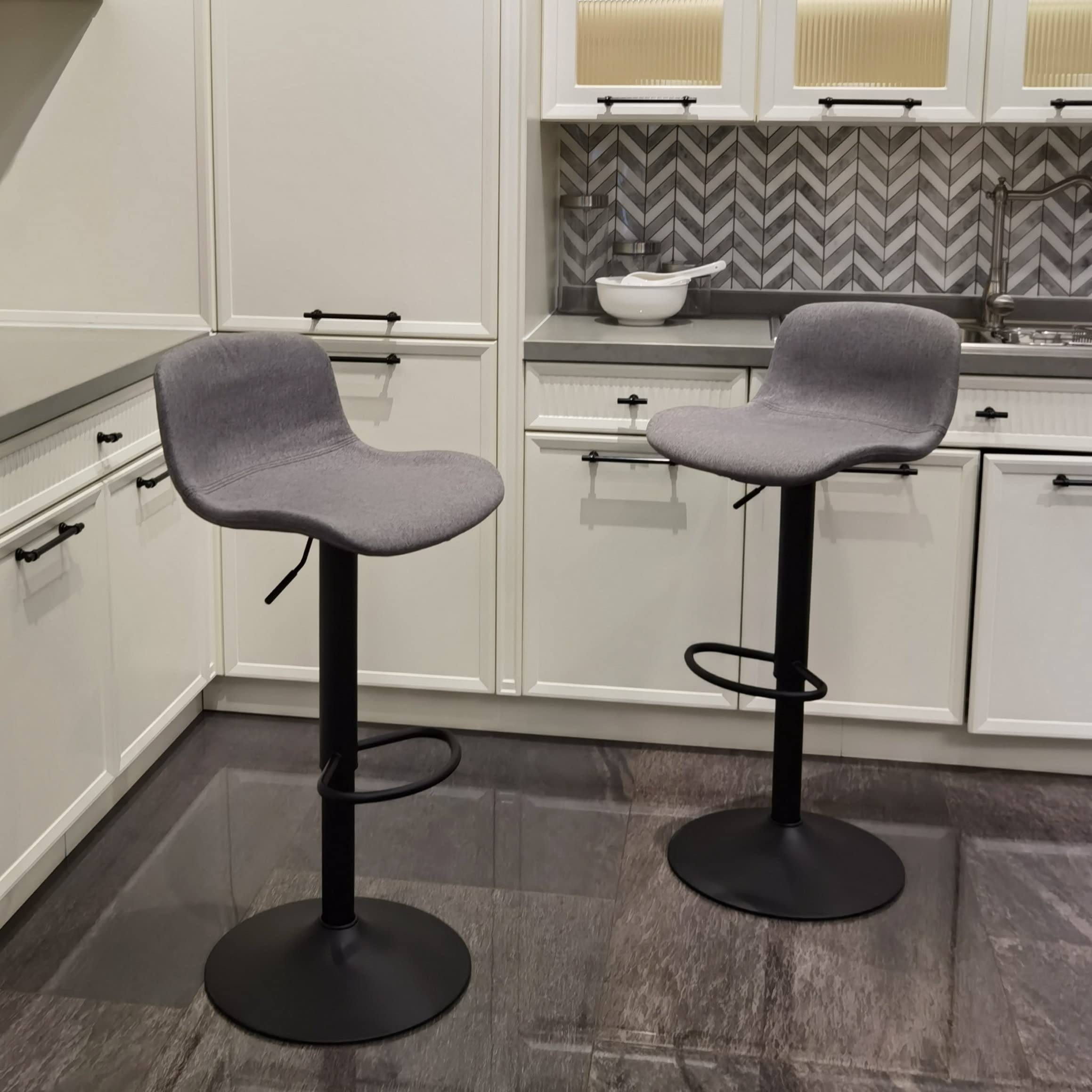 Kidol & Shellder Bar Stools Set of 2 Grey Barstools Bar Height Swivel Counter Stools Adjustable Bar Chairs Fabric Padded Seat,3 Mins Quick Assembly,Loads Up to 300lbs