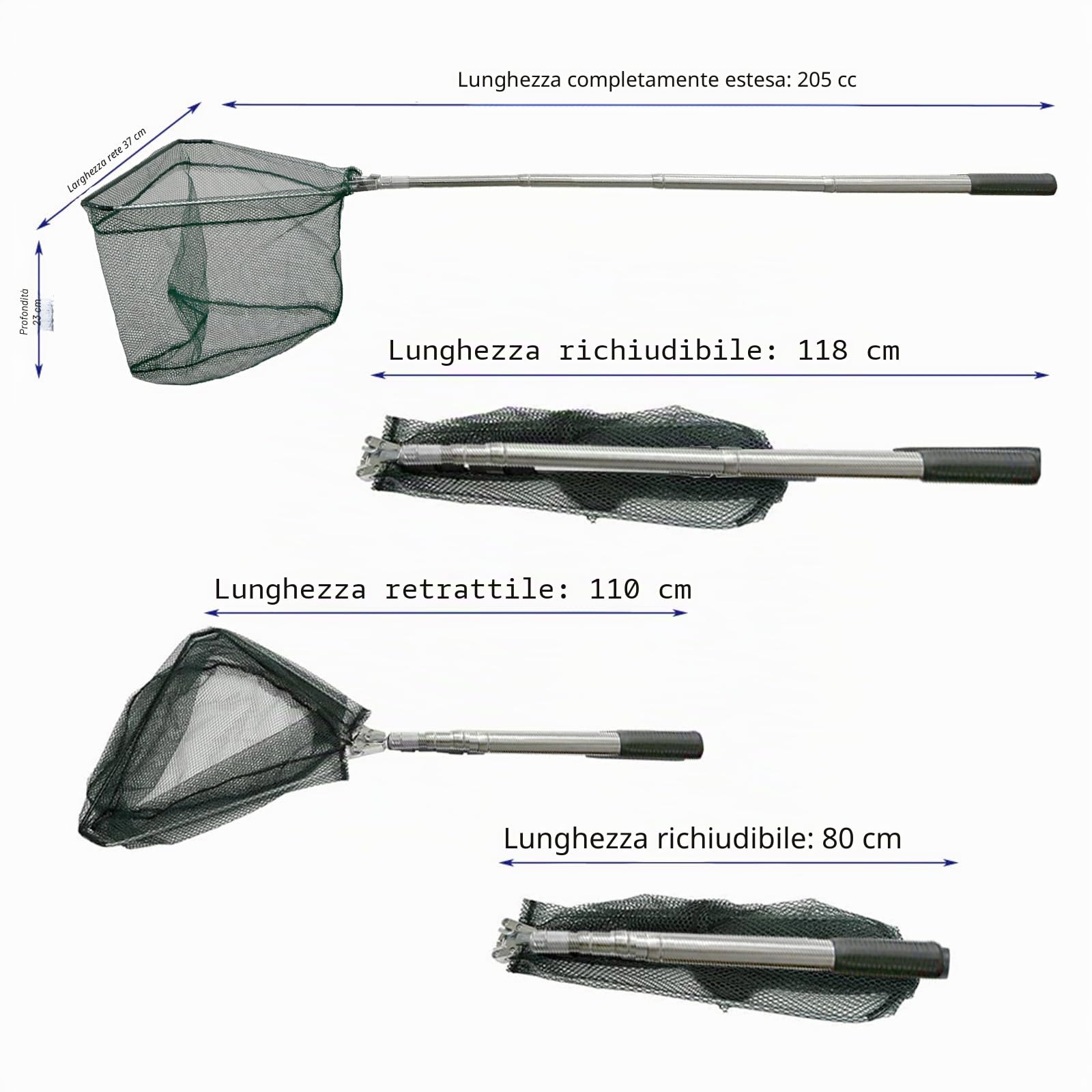 Retino da Pesca Pieghevole Estensibile,Guadino per Pesca Telescopico 205cm,in Acciaio Inossidabile Manico Estendi la Lunghezza Durevole,per pesca di uccelli,acquario,oggetti galleggianti