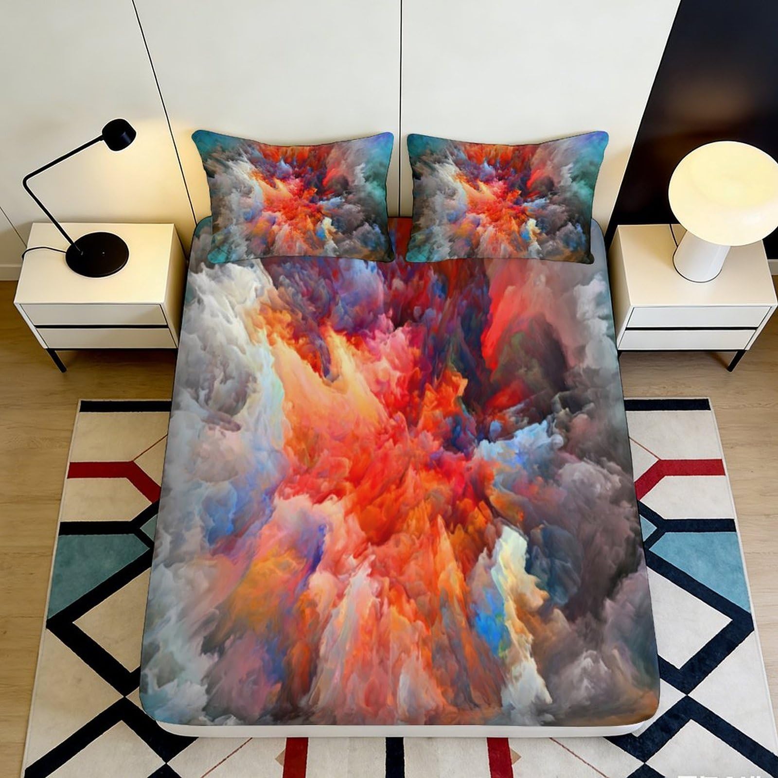 3D Printed Abstract Explosion Fitted Sheet Microfiber Vibrant Colorful Bed Cover for Bedroom Guest Room Decor 90x200x25cm