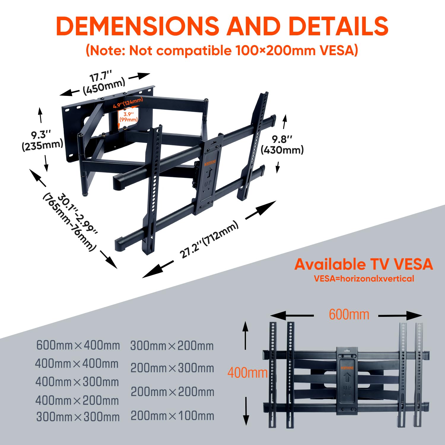 Soporte TV Pared para Pantallas Planos y Curvos de 50-90 Pulgadas, Soporte TV Inclinable y Giratorio con 765mm Brazos Dobles, Resistentes hasta 75kg, VESA Máx 600x400mm