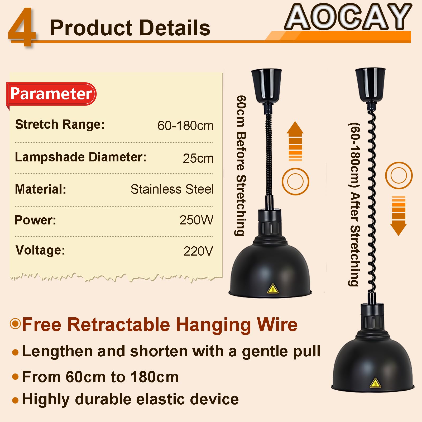 Lampada Riscaldante per Alimenti, Sospeso Lampade Scaldavivande Cucina 19 cm/25 cm, Lampade Riscaldanti per Cucina, Ristoranti, Hotel a Buffet 60-180cm Altezza Regolabile(Nero-25cm, 3 Pezzi)