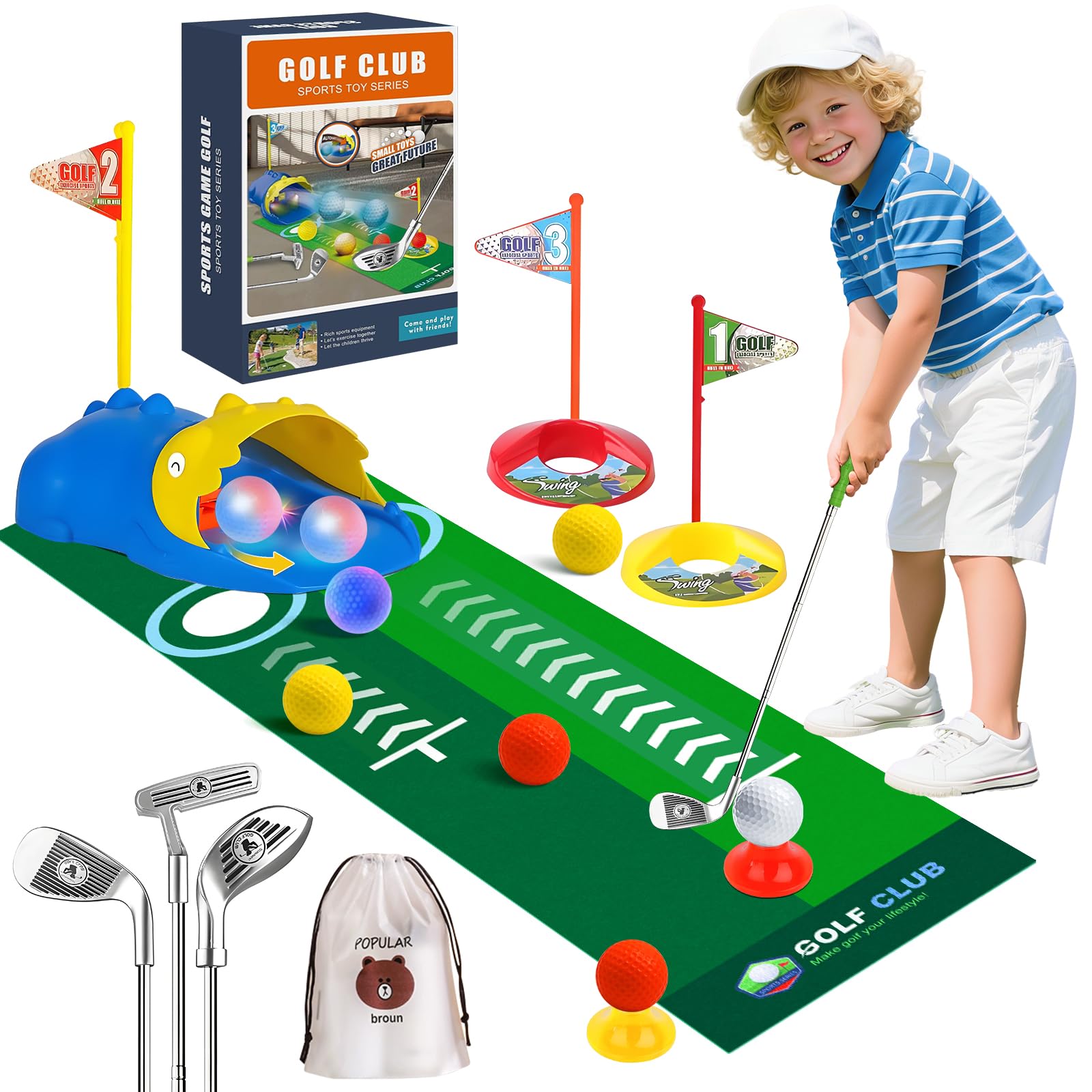 WEEKSUN Golf Set, Golf Clubs with Automatic Ball Returner, Luminous Golf Balls and Putting Mat, Toddler Golf Set Suitable for Boys Girls Teenagers Indoor and Outdoor Sports