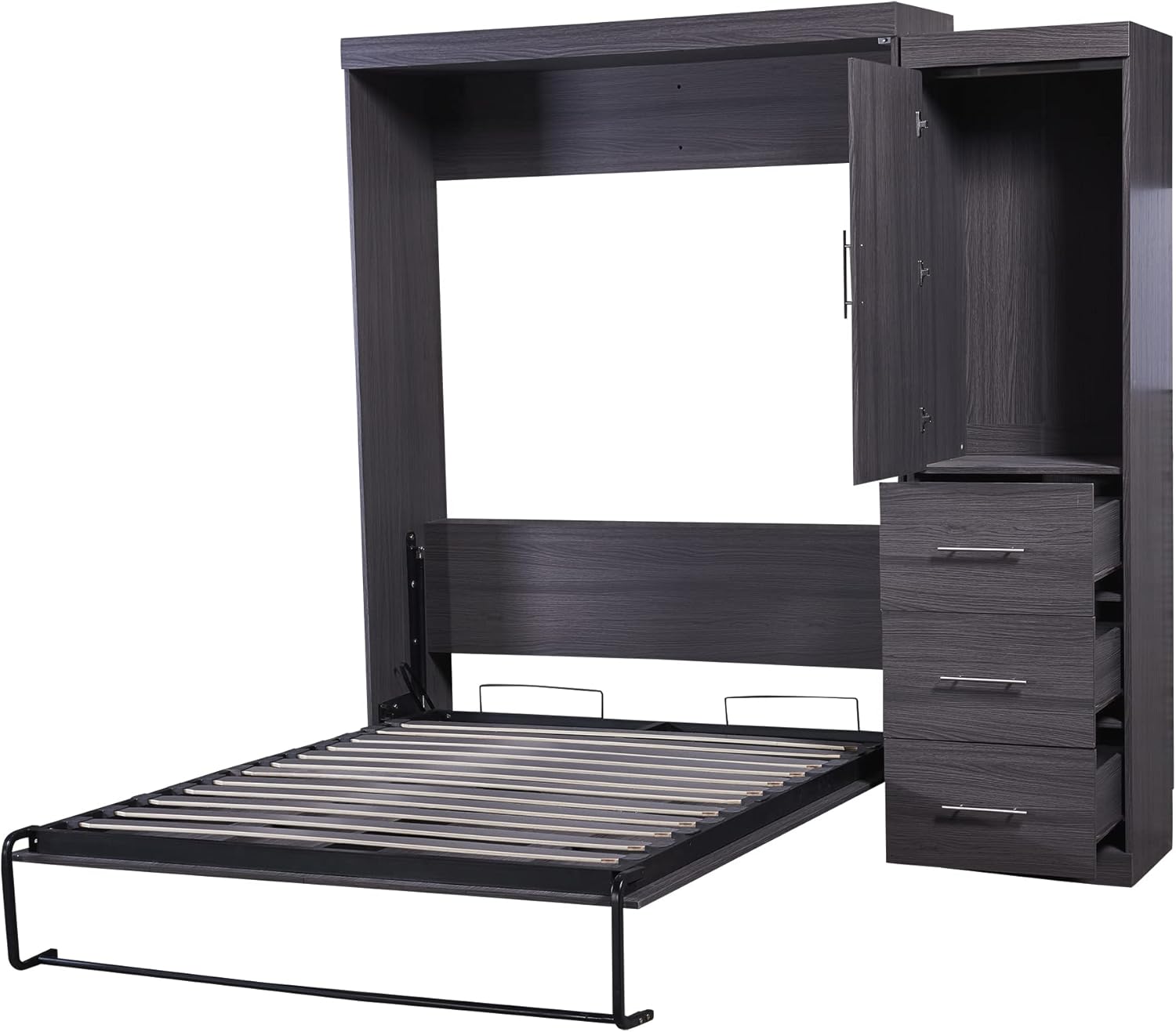 SOFTSEA Full Size Murphy Bed with Wardrobe and Storage Drawers, Farmhouse Wood Hidden Wall Bed Frame, Can be Folded into a Cabinet, No Box Spring Needed, Grey