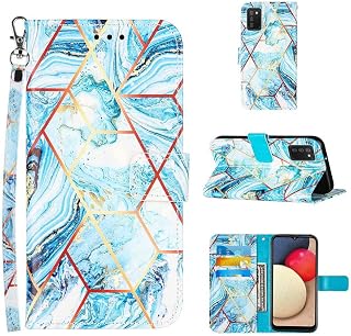 Lijc Compatible with Samsung Galaxy A02S Case Premium PU Leather Wallet Silicone Bumper Geometric Marble Design Magnetic Closure Kickstand Card Holder Slots Shockproof Flip Cover-Blue