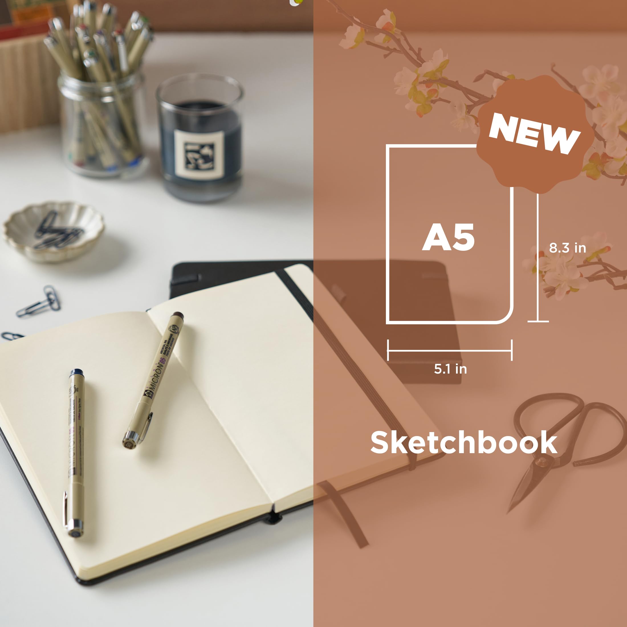 Sakura A5 Skizzenbuch & Pigma Micron Bundle – Japanisch inspiriertes Schreibwaren-Bundle für Illustrationsarbeiten – A5-Skizzenbuch mit 140 g/m² Papier – Künstler-Geschenkset – 3er-Pack