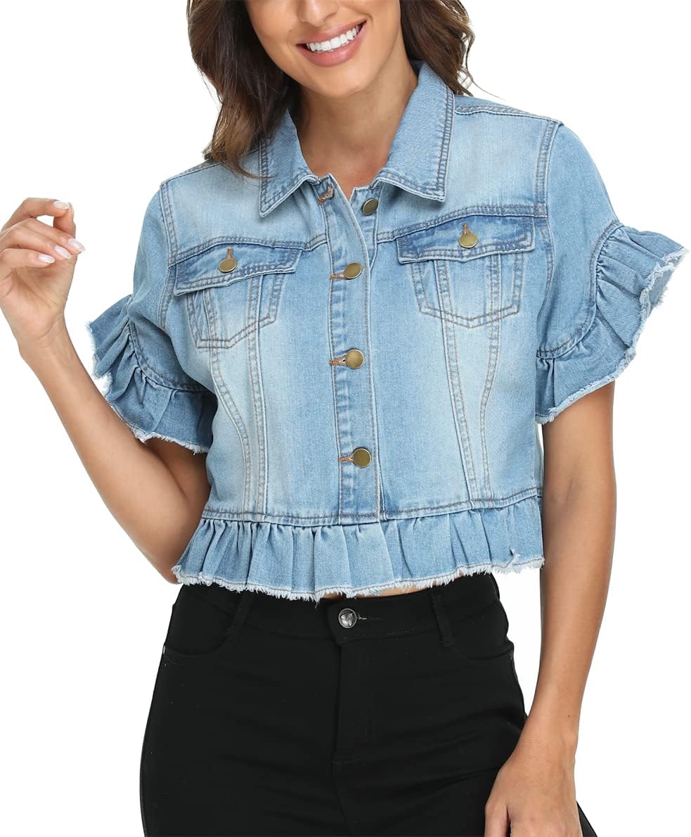 MISS MOLY Women's Denim Jacket Ruffle Sleeve Button Down Distressed Summer Cropped Jean Jackets - Image 4