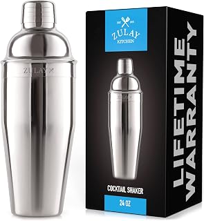 Zulay (24oz) Cocktail Shaker - 18/8 Stainless Steel Martini Shaker With Built-in Strainer - Professional Grade Martini Shaker and Strainer For Bartending & Homebars (Silver)
