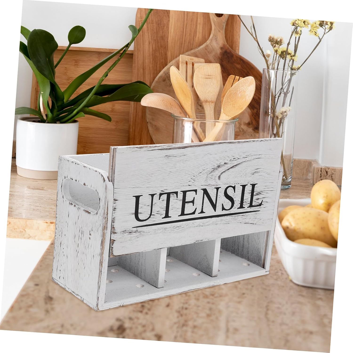 LIFKOME Elegant Wooden Kitchen Cutlery Storage Basket Countertop Utensil Holder Spacious Compartments for Kitchen Counter