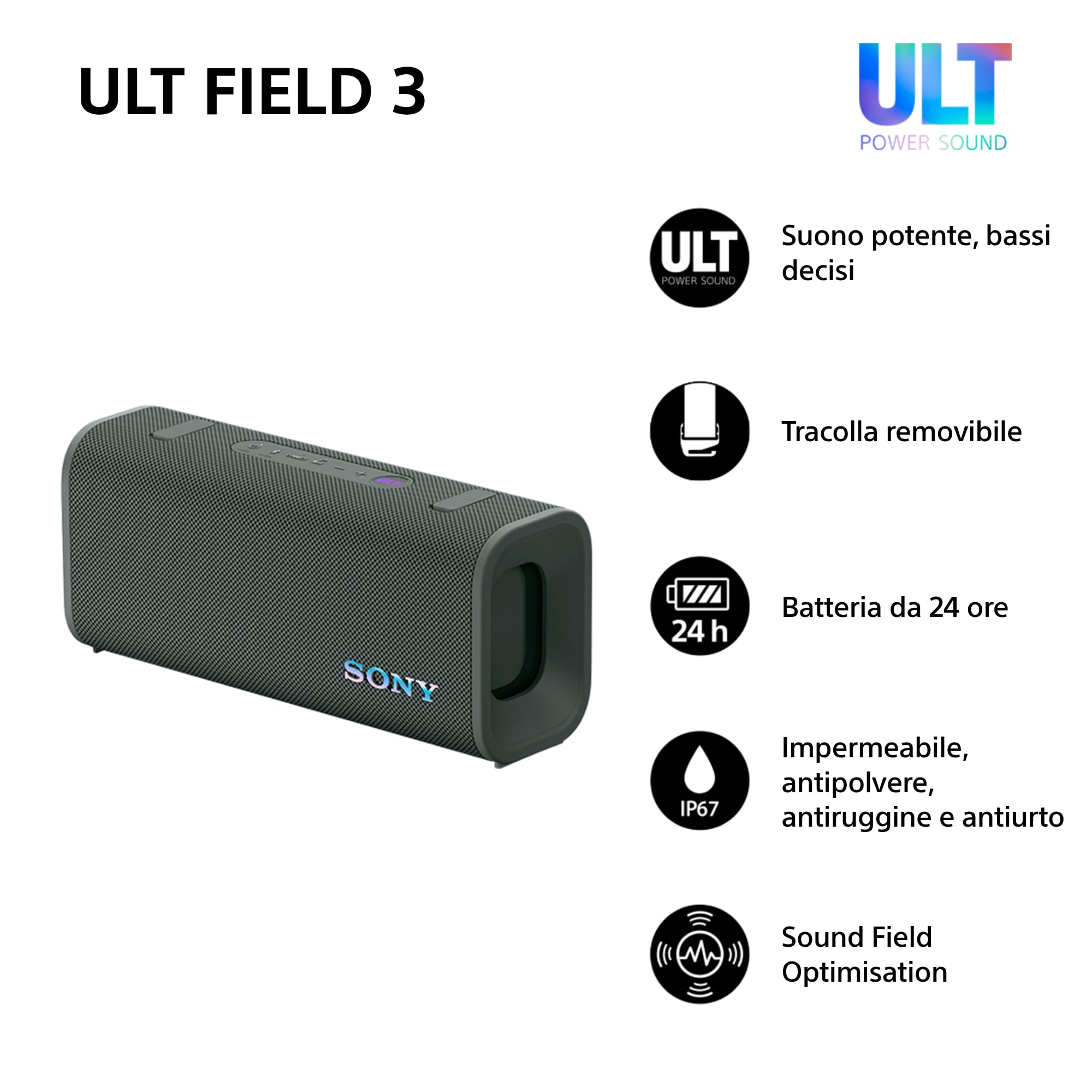 Sony ULT FIELD 3 - Speaker Bluetooth portatile con ULT POWER SOUND, batteria 24 ore, IP67, impermeabile, antipolvere, antiurto, tracolla staccabile, compatto - Blanco Marfil, Foresta Grigia