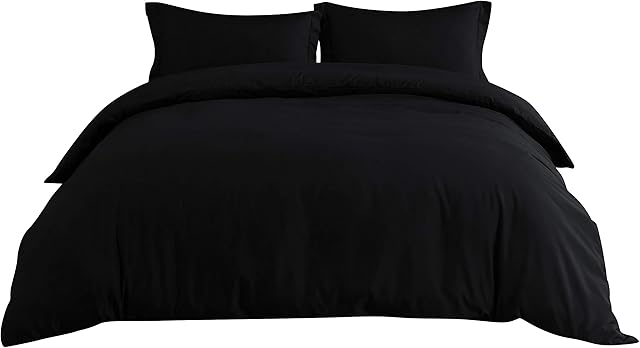 MOHAP Bedding Double Duvet Cover Set 3 PCS Plain Brushed Microfiber Bedding Duvet Cover with Pillowcases Black