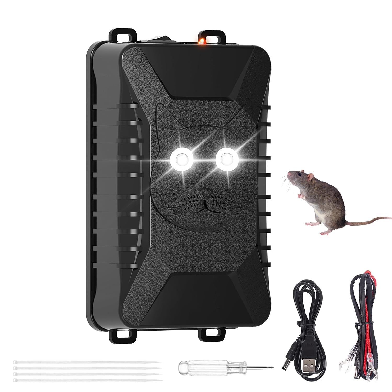 12V Ultrasonic Car Mice Repellent with Flash, Anti-Martor Repellent for Car, Garage, Barn, Warehouse, Powered, Battery, for Insects, Mosquitoes, Spiders