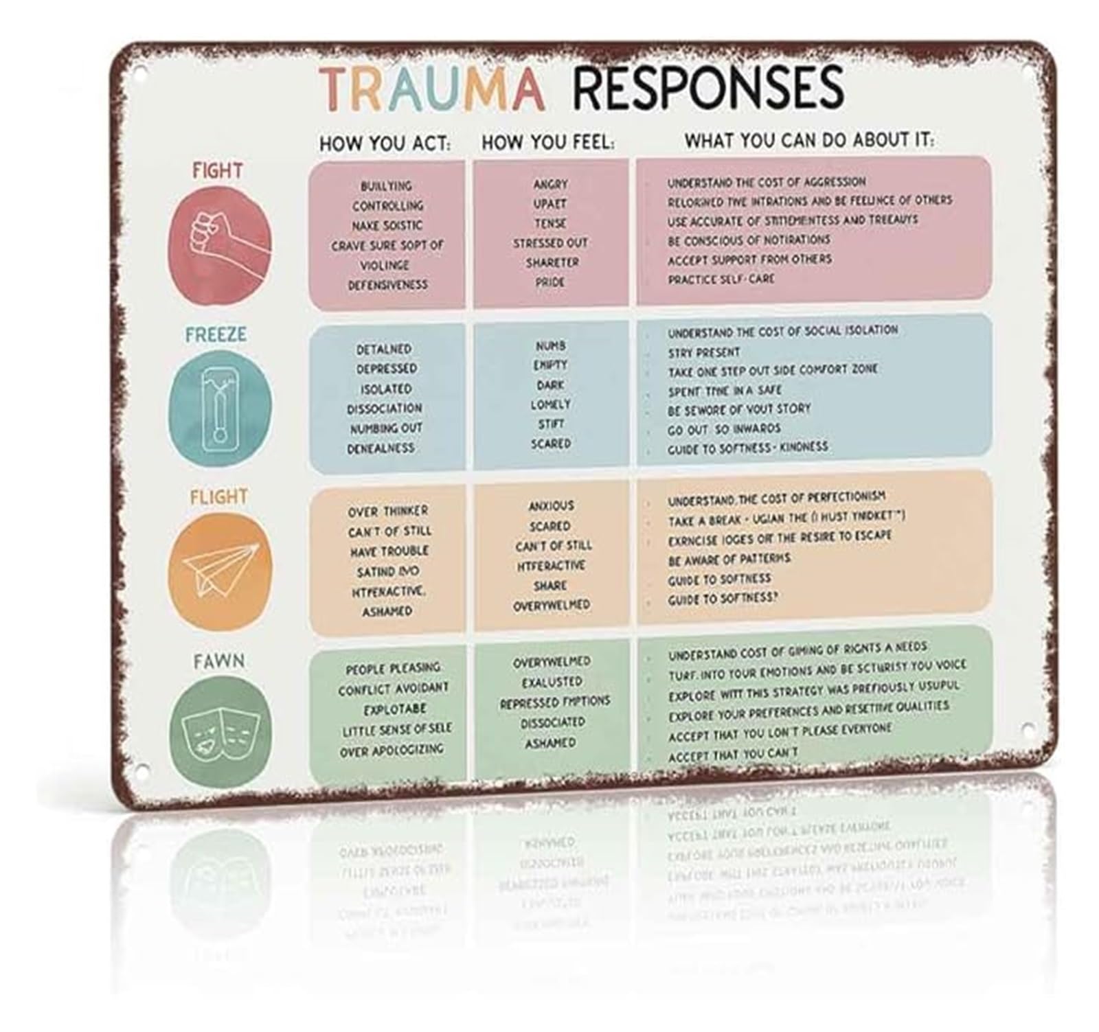 GYQYJPFZM Understanding Trauma Responses Aluminum Sign PTSD Education Wall-Art For Room Clinical Supervision Office Decor 8 X 12 inch