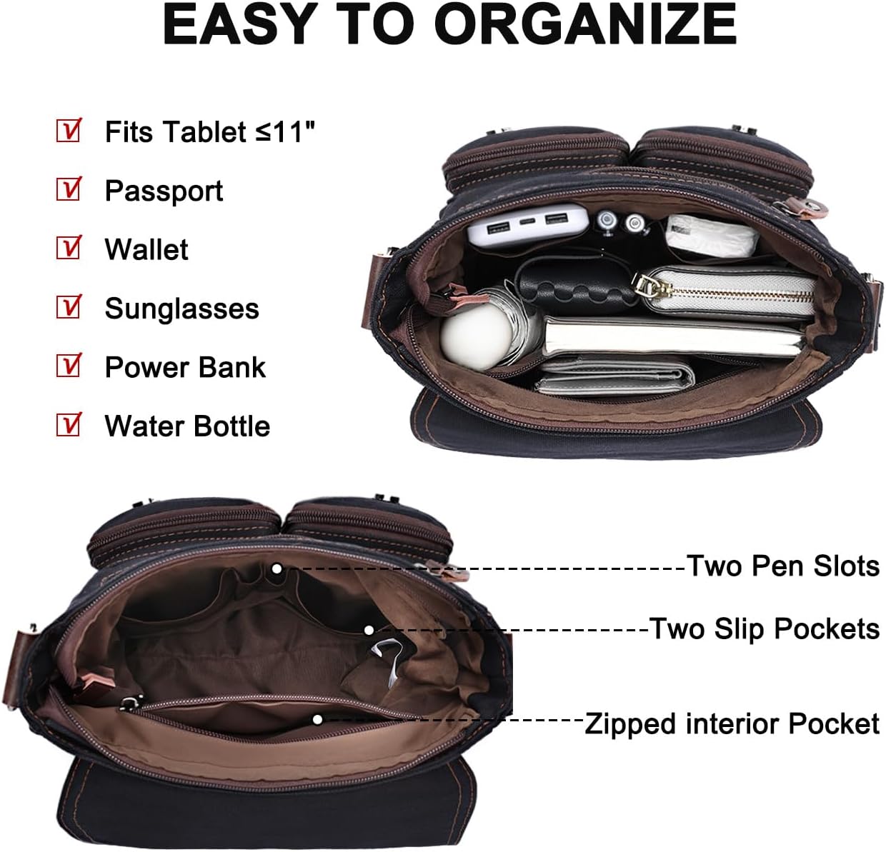 Kasqo Small Messenger Bag for Men, Vintage Canvas Crossbody Shoulder Bags for Women, Anti-Theft Purse for Travel Work - Image 4